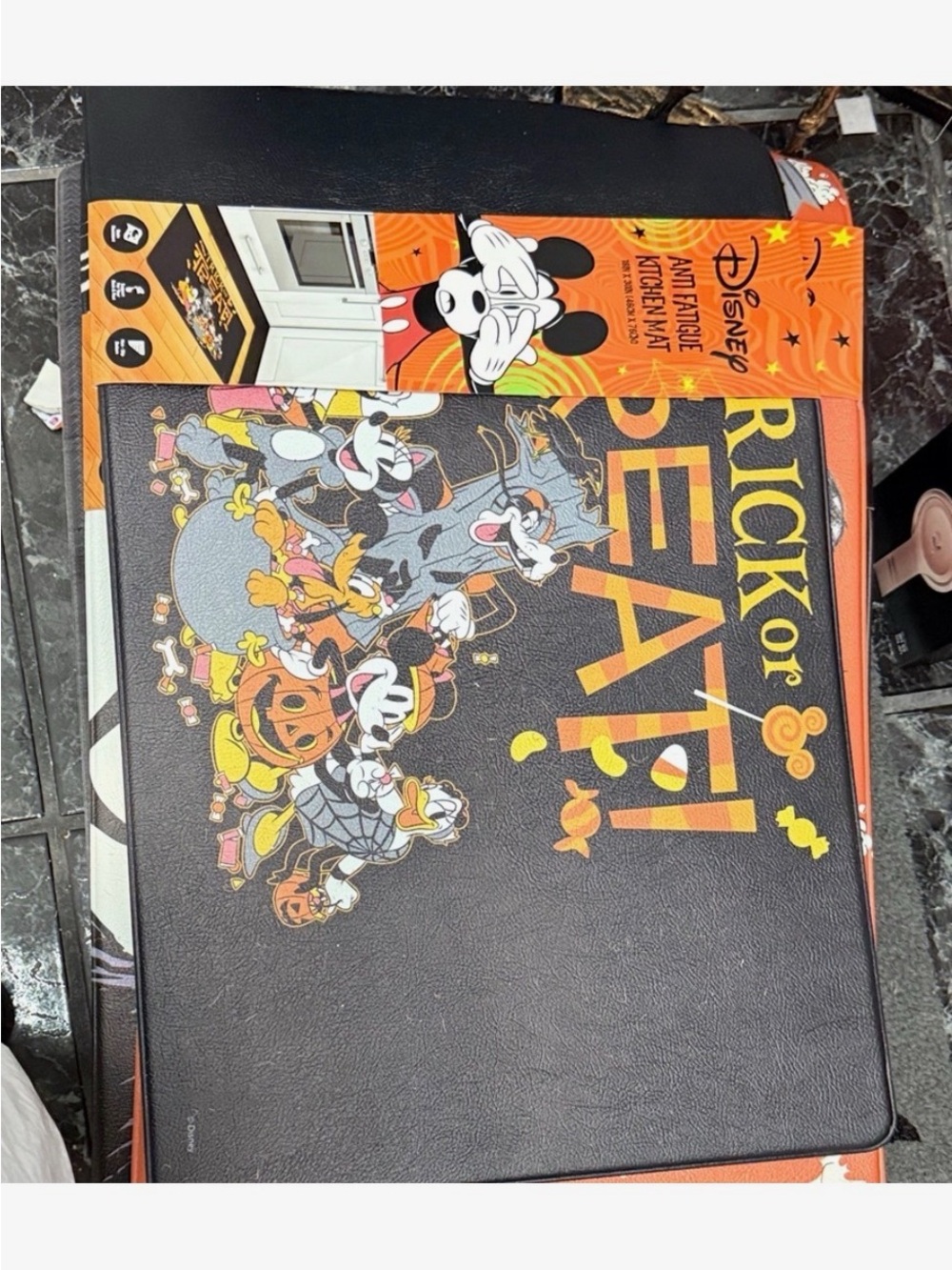 Disney Halloween Trick or Treat anti fatigue kitchen mat in Orange & Black